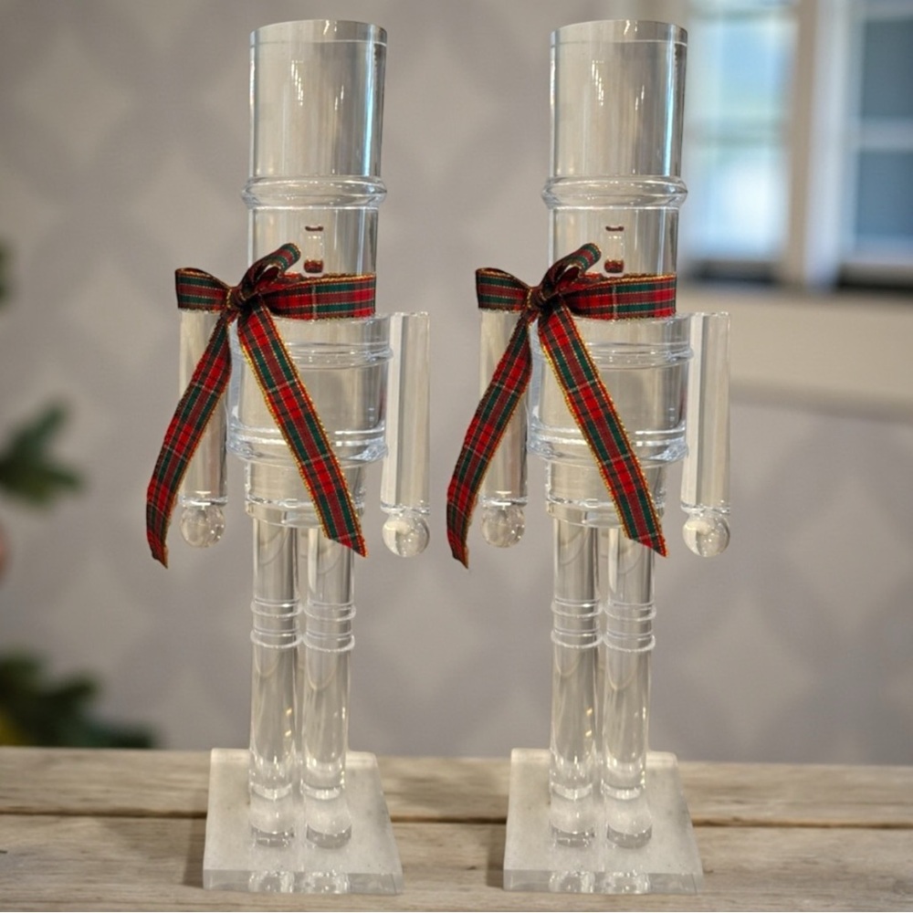 NEW Clear Acrylic Nutcracker 14.5” Plaid Tartan Bow SET OF 2 Holiday Decor